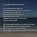 Excerpt from Born Between Breaths over photo of ocean