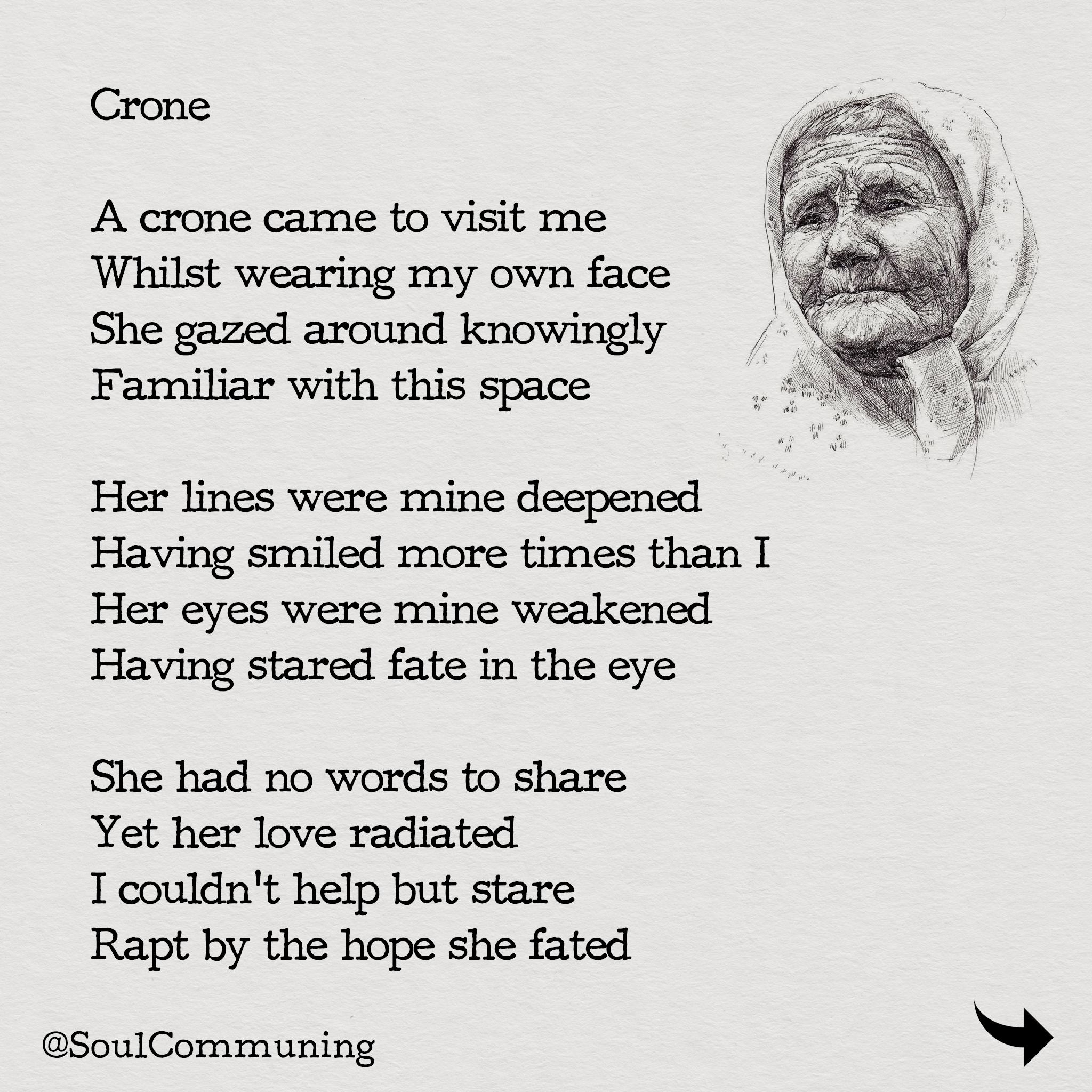 Excerpt from Crone poem with illustration of elderly woman