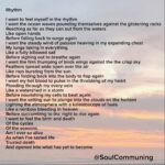 I want to feel myself in the rhythm I want the ocean waves pounding themselves against the glistening rocks Reaching as far as they can out from the waters Like open hands Before falling back to surge again I want the steady wind of passion heaving in my expanding chest My lungs taking in everything Like a fully billowed sail Before sighing out to breathe again I want the firm thumping of birds wings against the the crisp sky Feathers spread wide open over the air Like rays bursting from the sun Before folding back into the body to flap again I want my hot blood to pulse in the throbbing of my heart Flooding through my every vein Like a watershed in a storm Before nourishing my cells to beat again I want the setting sun to plunge into the clouds on the horizon Lighting the atmosphere with a kaleidoscope of hues Like a rainbow bleeding in heaven Before succumbing to the night to rise again I want to feel the birth and death Of the cycles Of the seasons Am I ever so alive As when I’ve tasted life Trusted death And opened into what has yet to become